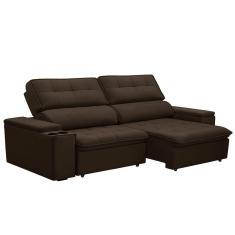 Sofá Retrátil E Reclinável 4 Lugares 250cm Zoho Porta Copos No Braço Veludo Marrom G22 - Gran Belo