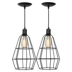 Combo Kit com 2 Pendentes Aramado Veneza Cone Preto Luminária Metal Lustre 32 Cm Sala