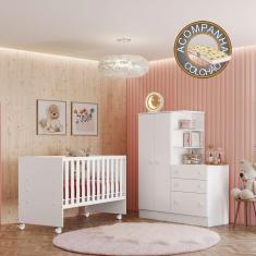 Quarto de Bebê Doce Sonho com Roupeiro e Berço Branco Qmovi + Colchão Gazin