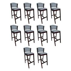 Kit 10 Banquetas Alta de Madeira Maciça Castanho Premium Ana com Encosto Linho Cinza