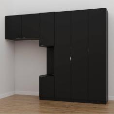 Guarda Roupa Modulado de Solteiro com Mesa de Cabeceira Direita 7 Portas 3 Peças Hera Cabecasa Madei Preto/Cromado