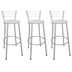 Kit 3 Banquetas Altas Prata com Encosto Assento Branco