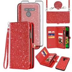 Asuwish Capa de celular para LG G8 ThinQ Carteira com zíper destacável com protetor de tela de vidro temperado cordão alça flip suporte para cartão LGG8 Thin Q G 8 LG8 G8thinq LGG8thinq 8G feminino