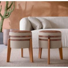 Conjunto kit 2 Puff Banqueta Linho e Couro - Pix - Bege