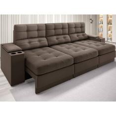 Sofá com Porta Copos e Carregador USB Eureka 2,30m  Assento Retrátil e Reclinável Velosuede Marrom - NETSOFAS