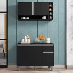 Balcão Gabinete De Cozinha E Armário Aéreo Vanessa Preto Fosco - Desk Design