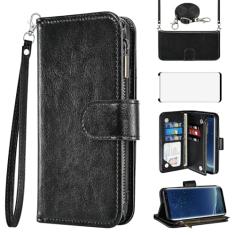 Asuwish Capa de celular para Samsung Galaxy S8 carteira com protetor de tela alça transversal flip zíper suporte para cartão de crédito de vidro temperado TPU slot suporte S 8 8S Edge SM-G950U