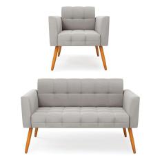 Kit 1 Sofá Namoradeira E 1 Poltrona Elisa Veludo Cinza Pés Palito Castanho - D`rossi