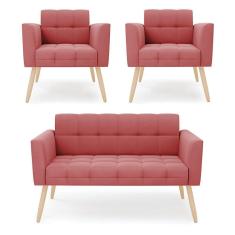 Kit 1 Sofá Namoradeira E 2 Poltronas Elisa Suede Rosê Pés Palito Natural - D`rossi
