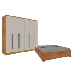 Quarto De Casal Guarda-Roupa 6 Portas Portugal E Cama Box Casal Monaco Espresso Móveis Cinamomo/Off White
