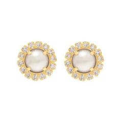 Brinco Rommanel Banhado A Ouro Redondo Com Pérola E Cristais 524288, 0