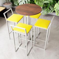 Conjunto Mesa Alta Bar Bistrô Redonda Imbuia 4 Banquetas Confort Estof