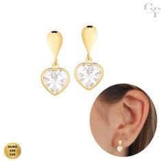 Brinco de Ouro 10K com Pingente de Coração Pedra Branca 6mm Infantil e