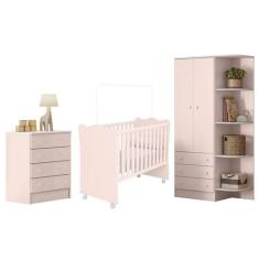 Guarda Roupa 2 Portas Cantoneira, Berço e Cômoda Rosa - Qmovi