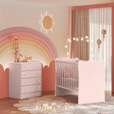 Quarto de Bebê Doce Sonho com Cômoda 777 e Berço Simples 1 Qmovi Rosa Acetinado