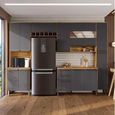 Cozinha Completa Modulada com 5 Peças 13 Portas e 2 Gavetas com Vidro e Tampo Itália Espresso Móveis Amêndoa/Cinza