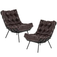 Kit 02 Poltronas Decorativas Sala de Estar Costela Preto L04 Couro Mar