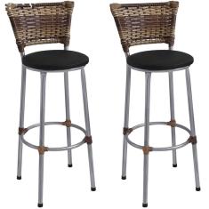 Kit 2 Banquetas Altas Prata com Encosto Junco Capuccino Assento Preto
