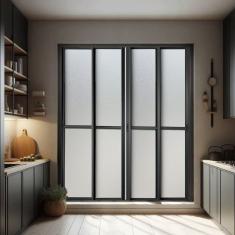 Porta De Correr 4 Folhas Moveis 210 X 240 Elite Com Fecho Automático Vidro Liso Preto