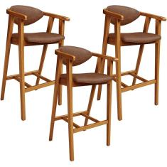 Kit 3 Banquetas Alta Cecília L02 Madeira de Eucalipto Assento Estofado Courino Marrom Lyam Decor