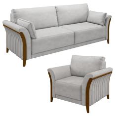 Kit Sofá Living 3 Lugares E Poltrona 102cm Pés Madeira Roya M22 Veludo Cinza - Mpozenato