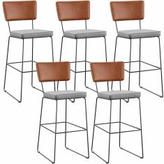 Kit 05 Banquetas Altas Cozinha Allana L02 Camel Linho Cinza