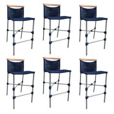 Kit 6 Banquetas Anne em Corda Náutica Base em Alumínio Cinza com Detalhe em Madeira Azul Marinho