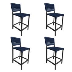Kit 4 Banquetas França em Corda Náutica e Base em Alumínio Preta para Área Gourmet Azul Marinho