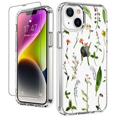 LUHOURI Capa projetada para 14 Plus com protetor de tela - Slim Fit, capa de acrílico transparente resistente para mulheres e meninas - Capa protetora para celular de 6,7 polegadas - Folhas de flores