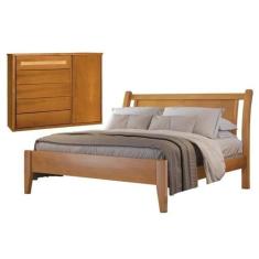 Conjunto Quarto de Casal Cama Queen Madeira Maciça e Cômoda com 5 Gave