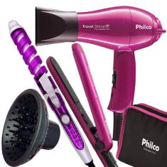 Kit Mini Secador De Cabelo Philco 1000w e Chapinha Pequeno Viagem Dobr