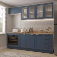 Cozinha Modulada 6 Peças com Tampo, Portas de Vidro e Balcão de Embutir Cabecasa Madeiramadeira Azul/Branco