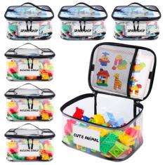 Tesuko Pacote com 6 sacos transparentes de armazenamento de brinquedos com etiqueta de nome e bolso manual, estojo organizador de brinquedos de PVC transparente impermeável para blocos de Lego, jogos