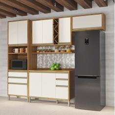 Cozinha Modulada Compacta 4 Peças 9 Portas 5 Gavetas e Tampo 100% Mdf Barbados Espresso Móveis Amêndoa/Off White