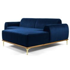Sofá 300cm 5 Lugares Chaise Direito Pés Gold Azul Marinho