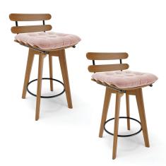 Kit 02 Banquetas Giratória Costela Veludo Base Madeira Rose