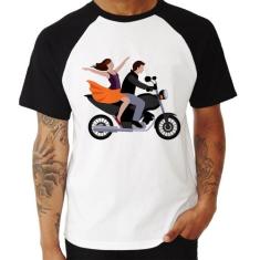 Camiseta Raglan Moto Casal - Foca na Moda, Branco, Preto, GGG