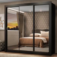 Guarda Roupa Casal Mônaco 3 Portas de Correr MDP com Espelho Preto Madesa