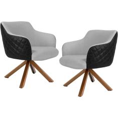 Kit 2 Poltronas Decorativas Jade D02 Giratória Linho Cinza Corano Preto Lyam Decor