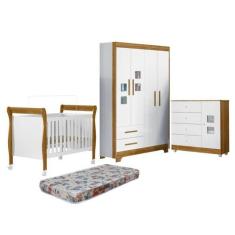 Quarto de Bebê Berço Mini Cama com Colchão, Cômoda 1 Porta 4 Gavetas e