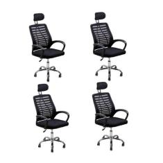 Kit 4 Cadeiras Escritório Diretor Tela Mesh Com Encosto De Cabeça Pret