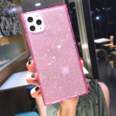 Capa de telefone transparente de cor fluorescente quadrada para iPhone 15 Pro Max 14 13 12 11 X XS XR 7 8 Plus SE Capa de silicone macia transparente, glitter rosa, para iPhone 12 Pro