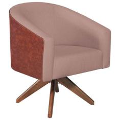Poltrona Luiza Base Giratória de Madeira Sintético Nozes e Linho Rosê 