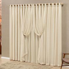 Cortina Monte Real 4,00M X 2,70M Tecido Blackout Voal Trabalhado Xadrez Sala Quarto - Palha