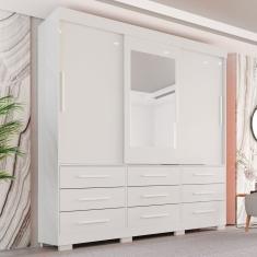 Guarda-roupa Com Pés E Espelho Casal 3 Portas 9 Gavetas Luana Branco