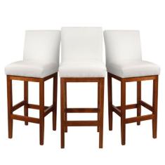 Kit 3 Banqueta Alta Estofada Cozinha Bistrô Tecido Linho Madeira Maciç