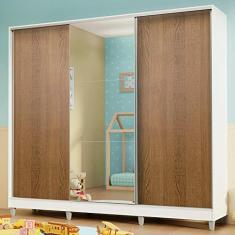 Guarda Roupa Infantil 100% MDF Madesa Logan 3 Portas de Correr com Espelho com Pés - Branco/Rustic