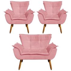 Kit Namoradeira 2 Lugares E 2 Poltronas Decorativas Pés Palito Opla Suede Rosê - Ibiza