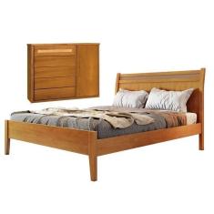 Conjunto Quarto de Casal Cama Queen e Cômoda 5 Gavetas com Sapateira e Detalhes Rattan Unique Amêndoa Mel