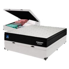 Cama Box Baú Branco e Colchão Casal Concept Molas Ensacadas Plumatex